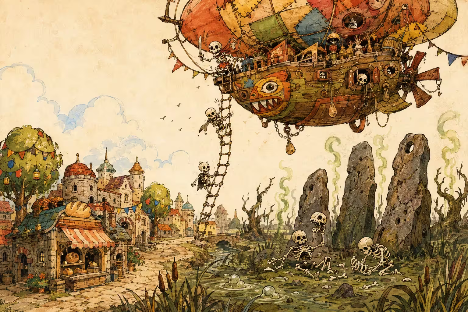A ramshackle airship full of skeletons hovers between the cheerful town of Edenvale and the foul Slime Lands.